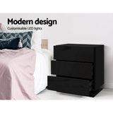 Bedside Tables Side Table RGB LED Lamp 3 Drawers Nightstand Gloss Black