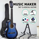 Alpha 34 Inch Classical Guitar Wooden Body Nylon String w/ Stand Beignner Blue