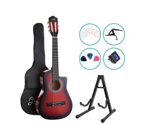 Alpha 34 Inch Classical Guitar Wooden Body Nylon String w/ Stand Beignner Red