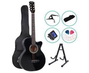 Alpha 38 Inch Acoustic Guitar Wooden Body Steel String Full Size w/ Stand Black