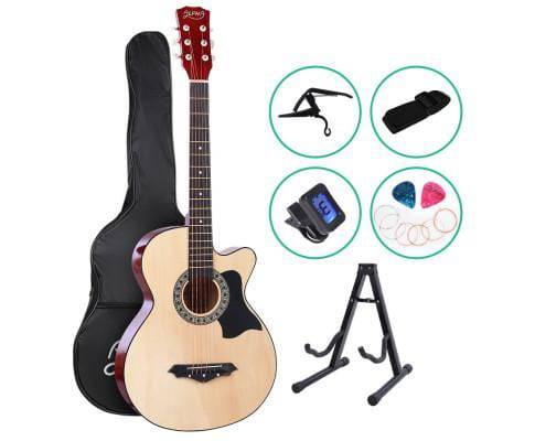 Alpha 38 Inch Acoustic Guitar Wooden Body Steel String Full Size w/ Stand Wood