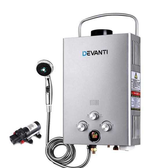 Devanti Outdoor Gas Water Heater Portable Camping Shower 12V Pump Silver