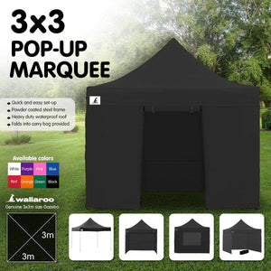 Gazebo Tent Marquee 3x3 PopUp Outdoor Wallaroo Black

Efficiently protect your outdoor BBQ event or party from inclement weather with our Pop-Up Marquee solution. These folding marquees also function as an expansive sunshade retreat for guests, making them a versatile addition to any event. With a compact size and included carry bag, these marquees are perfect for transport and ideal for a variety of occasions such as home or office events, market stalls, fairs, and sporting events. Don't miss out on this c