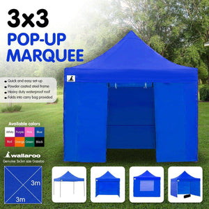 Gazebo Tent Marquee 3x3 PopUp Outdoor Wallaroo - Blue

Transform outdoor events with ease using the convenient Pop-Up Marquee solution. Whether you need to protect guests from unexpected rain or provide a shaded retreat, these folding marquees are a practical choice. Take advantage of this remarkable price and have one on standby for your next home or office event, market stall, or show. With a compact design and included carry bag, transporting these marquees is a breeze.&nbsp;