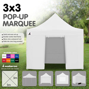 Gazebo Tent Marquee 3x3 PopUp Outdoor Wallaroo White

This Pop-Up Marquee is a perfect solution for shielding your outdoor bbq events or parties from potential precipitation. Alternatively, it can serve as a spacious and elegant sunshade getaway for guests. Consider keeping one on hand for your future home or office gatherings.