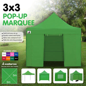 Gazebo Tent Marquee 3x3 PopUp Outdoor Wallaroo - Green

Consider our Pop-Up Marquee as the perfect solution for ensuring that your outdoor bbq event or party is protected from any unexpected rain. Alternatively, it can serve as a spacious and stylish sunshade for your guests to enjoy. This versatile option is a must-have for any home or office event.