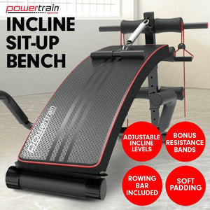 Incline Ab Sit Up Bench With Resistance Bands & Row Bar  Powertrain Load Rating 100kg