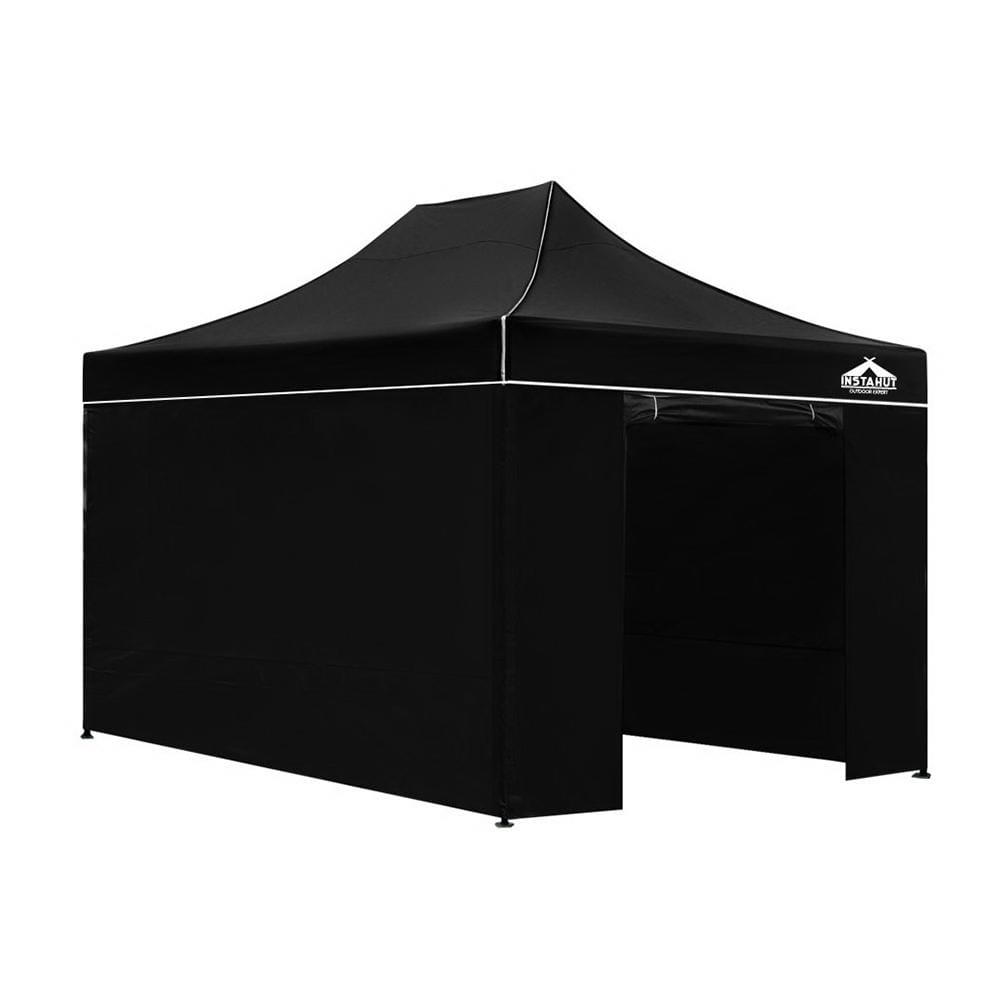 Gazebo Pop Up Marquee 3x4.5 Folding Tent Wedding Gazebos 500D Black

This INSTAHUT 3X4.5m Pop Up Gazebo boasts a durable PU-coating oxford fabric that is highly dense and treated with UV and water repellent properties. With a coverage of 300 x 450cm, it offers a spacious ground and canopy for all your outdoor events. Its sturdy powder-coated steel frame and strong legs make it a reliable shelter from the sun and unexpected rains. Quick and easy to set up, this gazebo is the perfect addition to any outdoor a