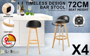 La Bella 4 Set Wooden Bar Stool 72cm Leila Leather Dining Chairs Kitchen - Black

Elevate your seating with our La Bella Leila Bar Stools. The simplistic design adds a touch of mid-century modern or Scandinavian style to any space. With tapered A-shaped legs and a circular footrest made of solid plywood, these stools are both sturdy and compact. The swivel mount plate allows for 360-degree movement, while anti-slip protectors ensure safety and accessibility. The PVC leather padding adds comfort without comp