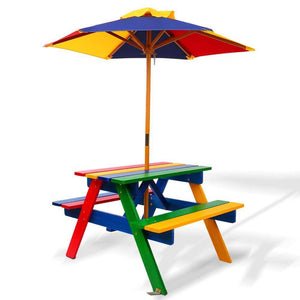 Kids Wooden Picnic Table Set with Umbrella-Keezi