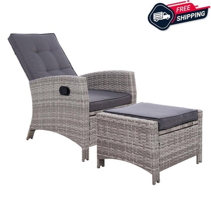 Sun lounge Recliner Chair Wicker Lounger Sofa Day Bed Outdoor Furniture Patio Garden Cushion Ottoman Grey Gardeon