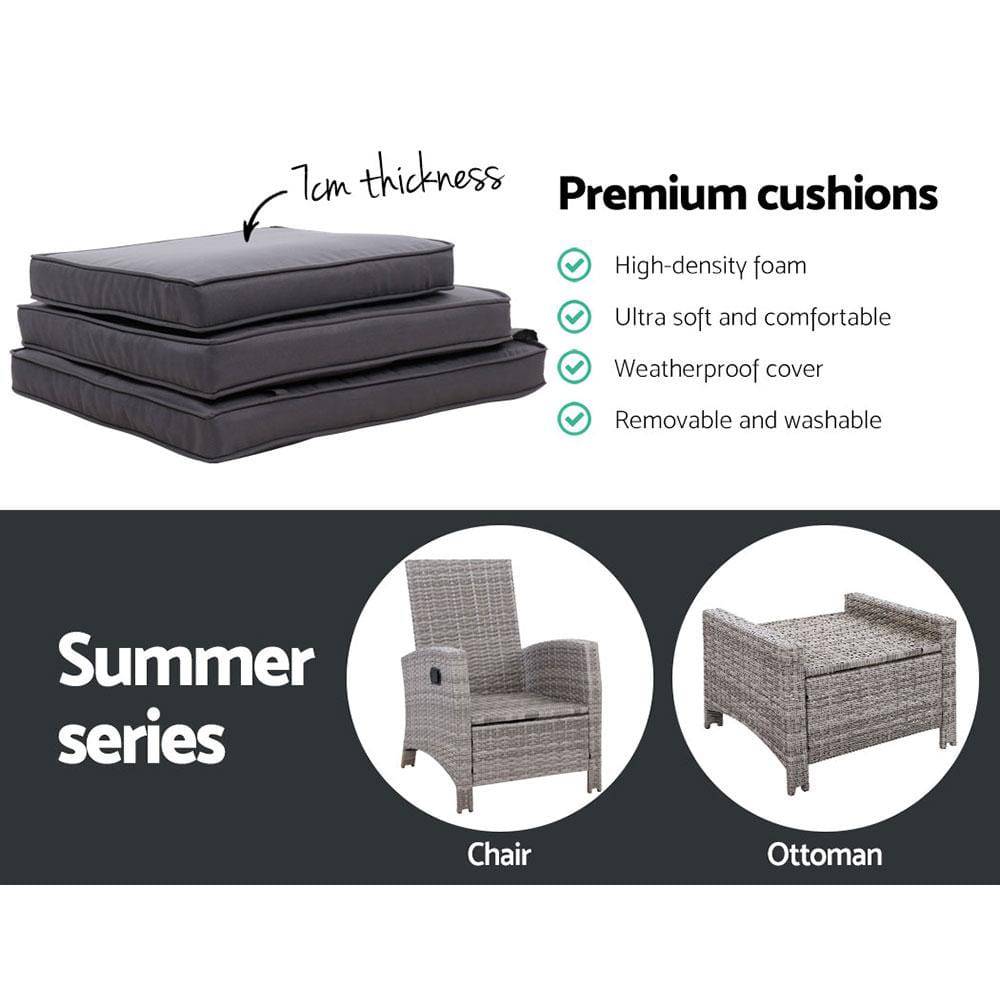 Sun lounge Recliner Chair Wicker Lounger Sofa Day Bed Outdoor Furniture Patio Garden Cushion Ottoman Grey Gardeon