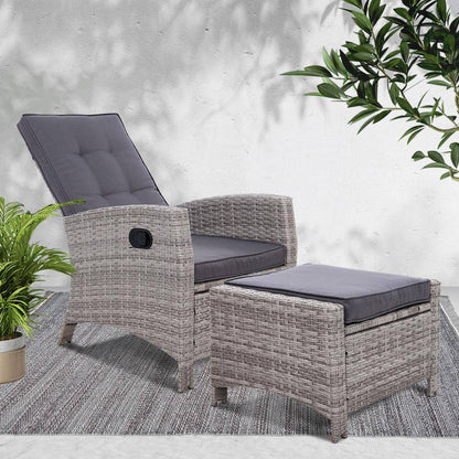 Sun lounge Recliner Chair Wicker Lounger Sofa Day Bed Outdoor Furniture Patio Garden Cushion Ottoman Grey Gardeon