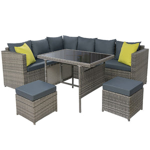 Gardeon Outdoor Dining Set Aluminium Table, Chairs, Wicker Setting Grey

Invite your friends and family over for a garden party, or just sit back and relax with our luxurious Gardeon Outdoor Sofa Dining Set. Being a multi-seater, the dining set provides enough room for all your guests to sit or for you to lie down and enjoy a book. You can arrange the seats (double seat, corner seat and ottoman) in various ways depending on your needs.&nbsp;