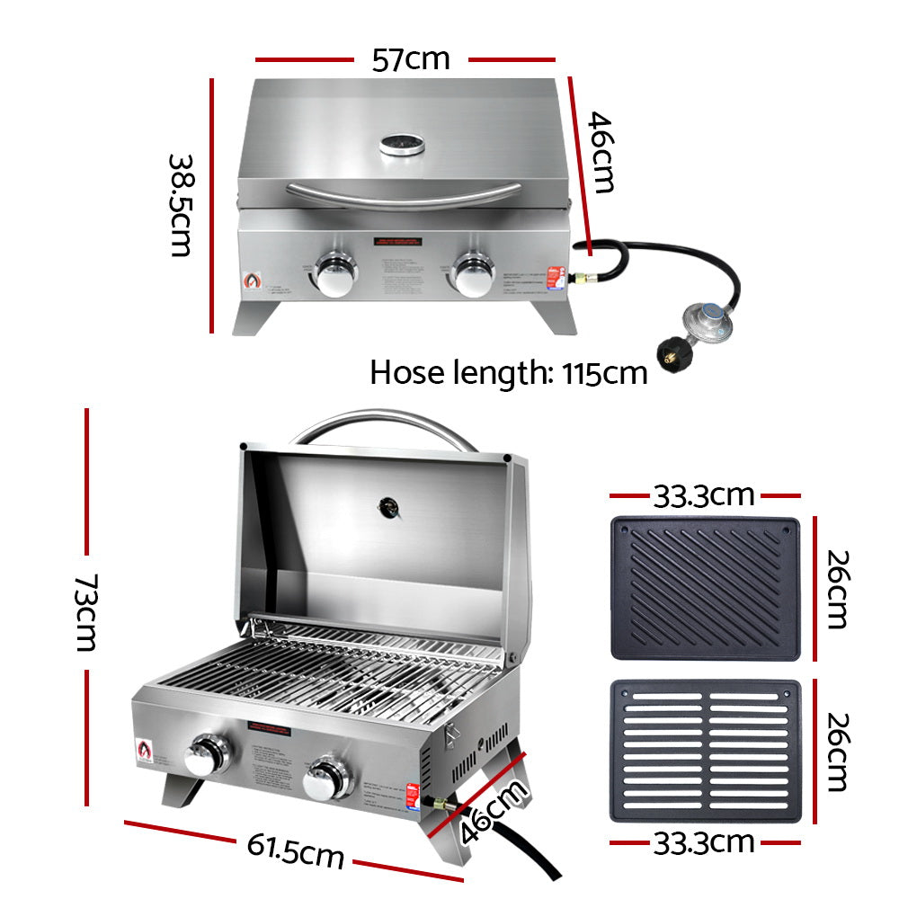 Portable 2 Burner Gas BBQ 52cm x 33cm