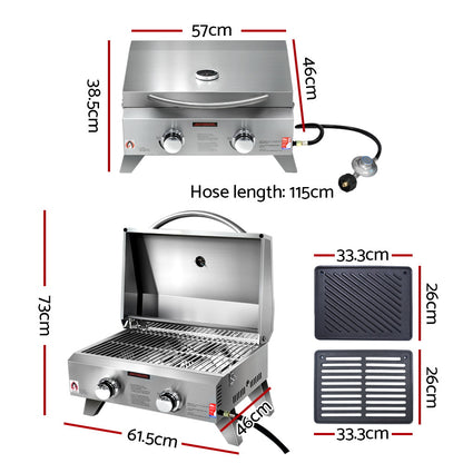 Portable 2 Burner Gas BBQ 52cm x 33cm