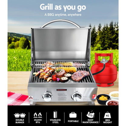 Portable 2 Burner Gas BBQ 52cm x 33cm