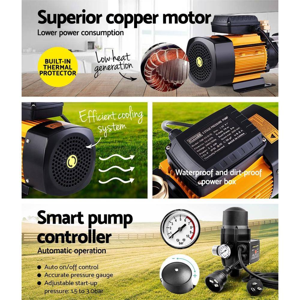 Giantz Multi Stage Water Pump Pressure Rain Tank Garden Irrigation 2000W Black Controller