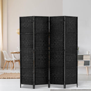4 Panel Room Divider Privacy Screen Rattan Woven Wood Stand Black