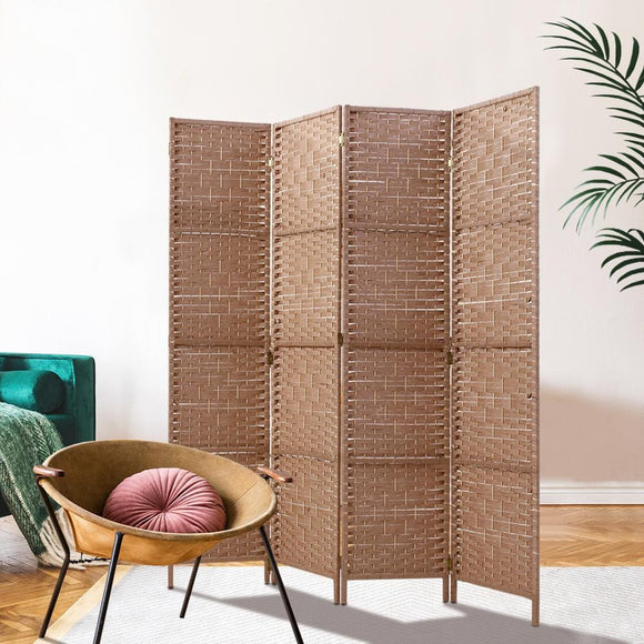 4 Panel Room Divider Screen Privacy Rattan Timber Foldable Dividers Stand Hand Woven