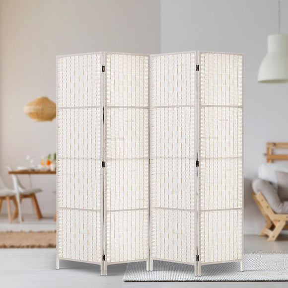 4 Panels Room Divider Screen Privacy Rattan Timber Fold Woven Stand White