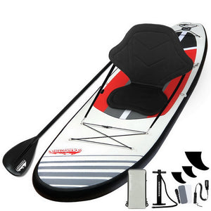 Weisshorn Stand Up Paddle Board, inflatable, black, white, and red with accessories including paddle and pump.