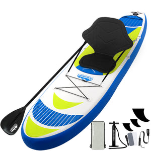 An inflatable stand-up paddle board featuring geometric patterns in blue and white colors, accompanied by an adjustable aluminum paddle, a hand pump, a kayak seat, a backpack, an ankle leash, a repair kit, and other accessories.