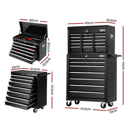 Giantz 16 Drawers Tool Box Trolley Black