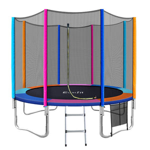 A 10-foot round trampoline with a safety enclosure net and a ladder. The trampoline has a black jumping mat with colorful padding and is labeled with the brand 'Everfit'.