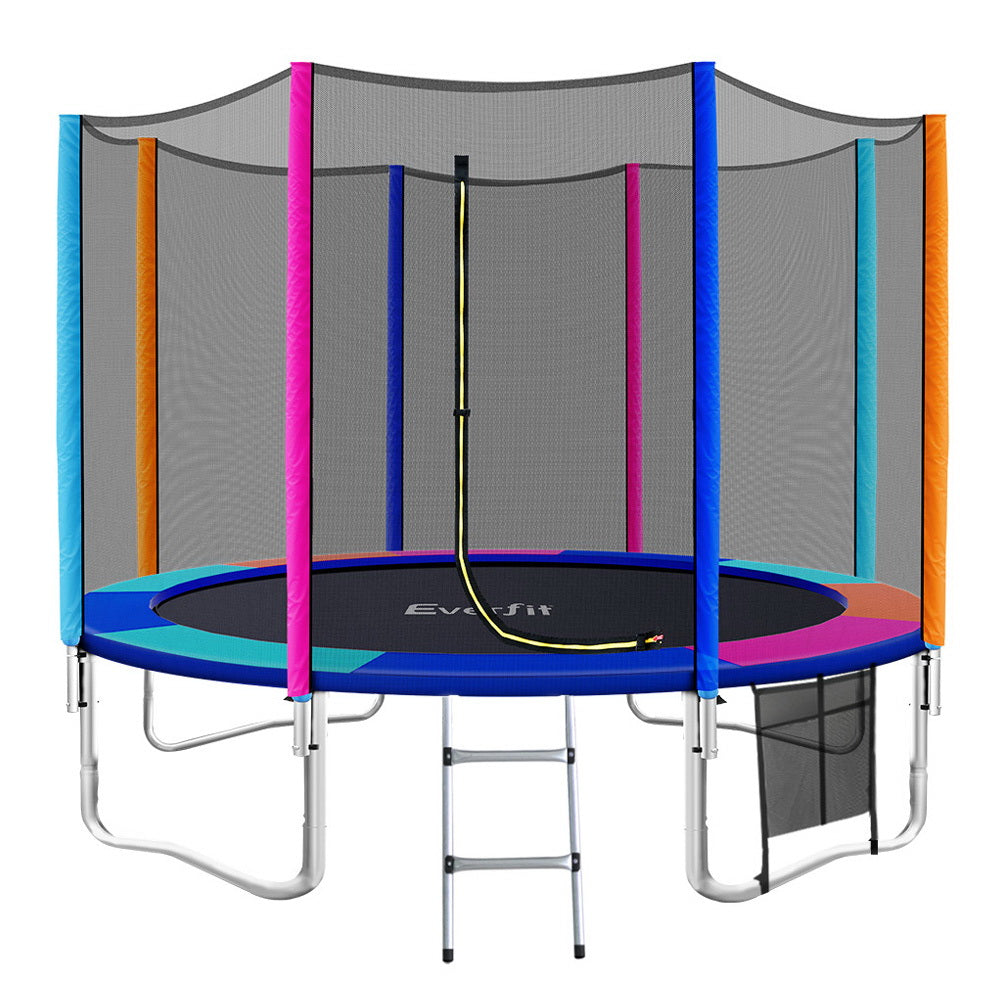 A 12-foot round trampoline with a multicolored enclosure safety net and a ladder, set on a white background.