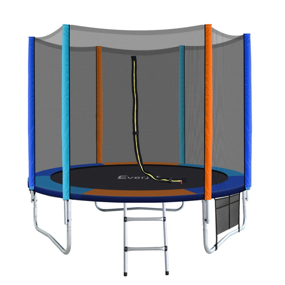 An 8-foot round trampoline with a ladder and enclosure safety net. The trampoline has a blue padding cover, orange springs, and a gray enclosure with multicolored frames.