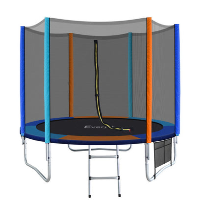 An 8-foot round trampoline with a ladder and enclosure safety net. The trampoline has a blue padding cover, orange springs, and a gray enclosure with multicolored frames.