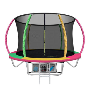 An 8ft round trampoline with a ladder and enclosure safety net. The trampoline has a steel frame with pink, green, and yellow padding, and black netting for the safety enclosure.