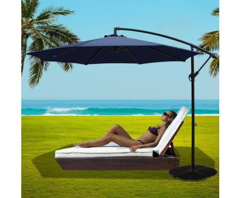 3M Umbrella with 48x48cm Base Outdoor Umbrellas Cantilever Sun Beach Garden Patio Navy