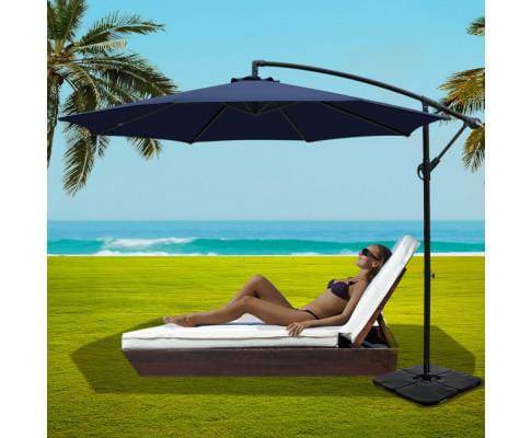 3M Umbrella with 50x50cm Base Outdoor Umbrellas Cantilever Sun Stand UV Garden Navy