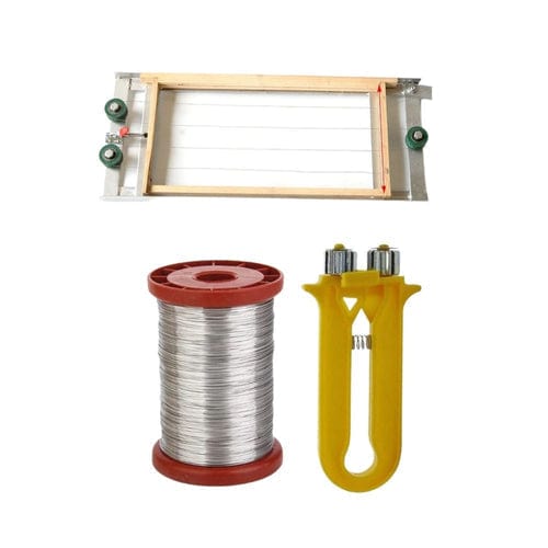 A set of beekeeping tools including a roll of stainless steel wire, a plastic wire crimper, and a wiring jig, all placed against a white background.