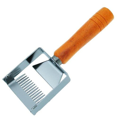 Uncapping fork with a wooden handle and metal prongs used for beekeeping.