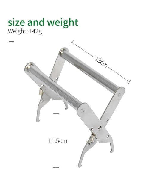 Stainless steel bee hive frame grip holder, with dimensions displayed: 13cm in length and 11.5cm in height.