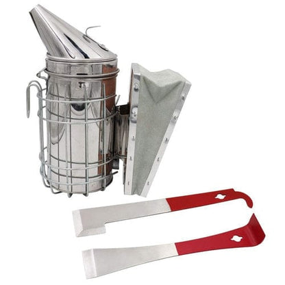 A set of beekeeping tools including a bee hive smoker and two J-hook hive tools with stainless steel handles and red and silver coloring.