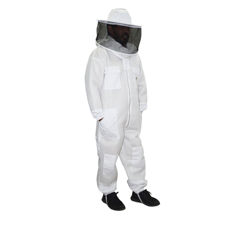 A person wearing a white two-layer mesh beekeeping bee suit with a round head style and a protective veil.