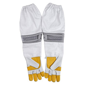 A pair of white beekeeping gloves with yellow accents, featuring cowhide leather and steel mesh, designed for breathability and protection in beekeeping activities.