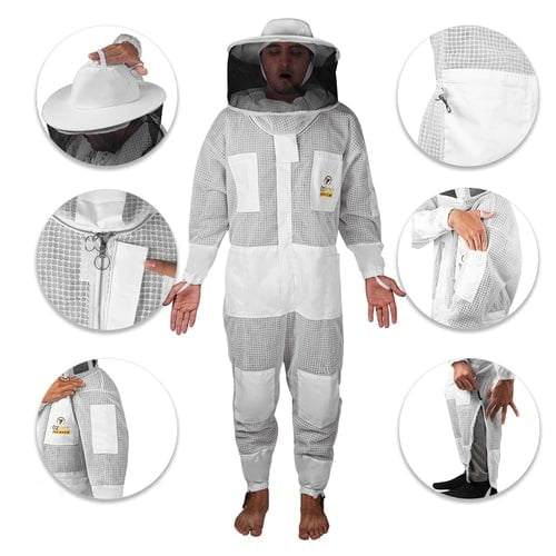 A collage of images showing a beekeeping protective suit with round head style. It includes views of the full suit, close-ups of the mesh material, zippers, and pockets, as well as the brand logo.