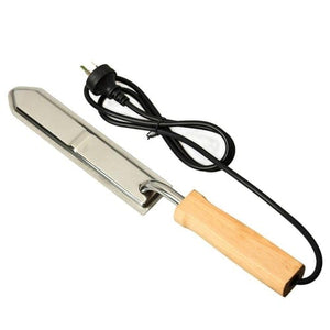 A stainless steel electric honey cutter uncapping knife with a wooden handle and a black electrical cord.