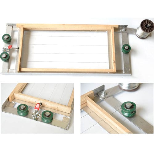A collage of images showing a beehive frame wiring bench assemble tool. It includes a wooden frame with metal components and wires, set against a white background.
