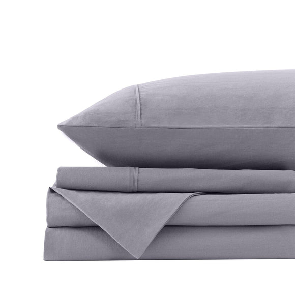 Royal Comfort Vintage Washed 100% Cotton Sheet Set Fitted Flat Sheet Pillowcases - King - Grey