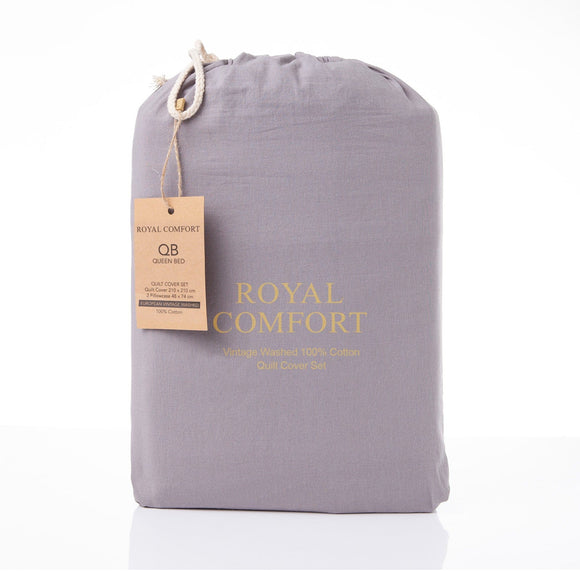 Royal Comfort Vintage Washed 100% Cotton Quilt Cover Set Bedding Ultra Soft - Queen - Grey