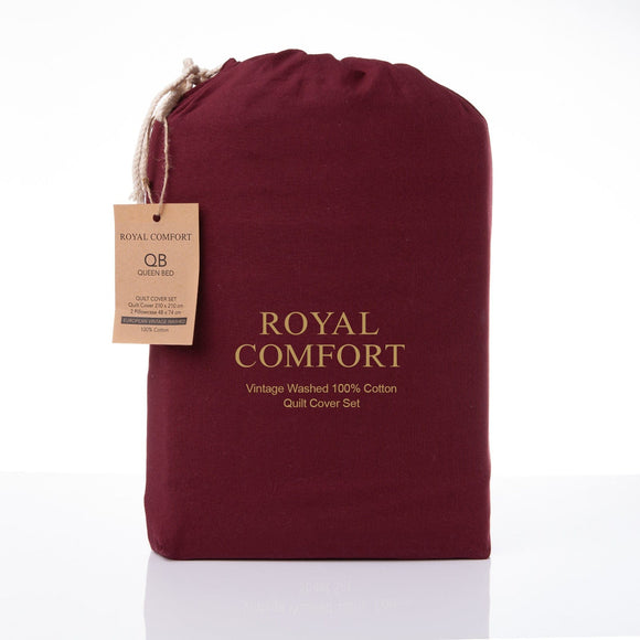 Royal Comfort Vintage Washed 100% Cotton Quilt Cover Set Bedding Ultra Soft - King - Mulled Wine