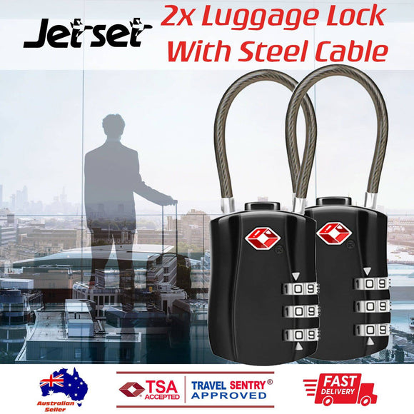 2 x TSA Approved 3 Digit Combination Locks Cable Luggage Suitcase Security Locks 2 Pack Black