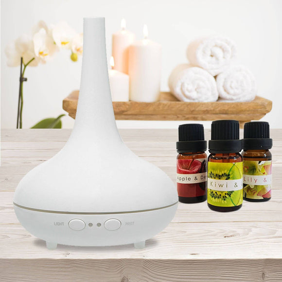 Essential Oil Diffuser Ultrasonic Humidifier Aromatherapy LED Light 200ML 3 Oils 15 x 15 x 20cm White