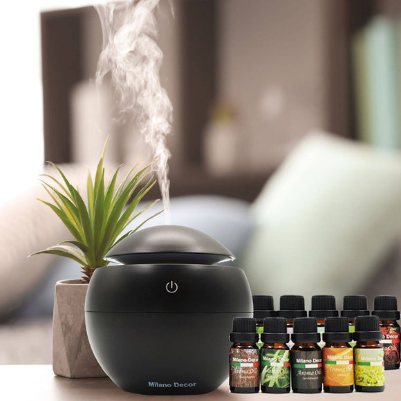 Essential Oil  Essential Oil USB Diffuser with 10x Aroma Oils Humidifier LED Light 130ml-Milano Ultrasonic
